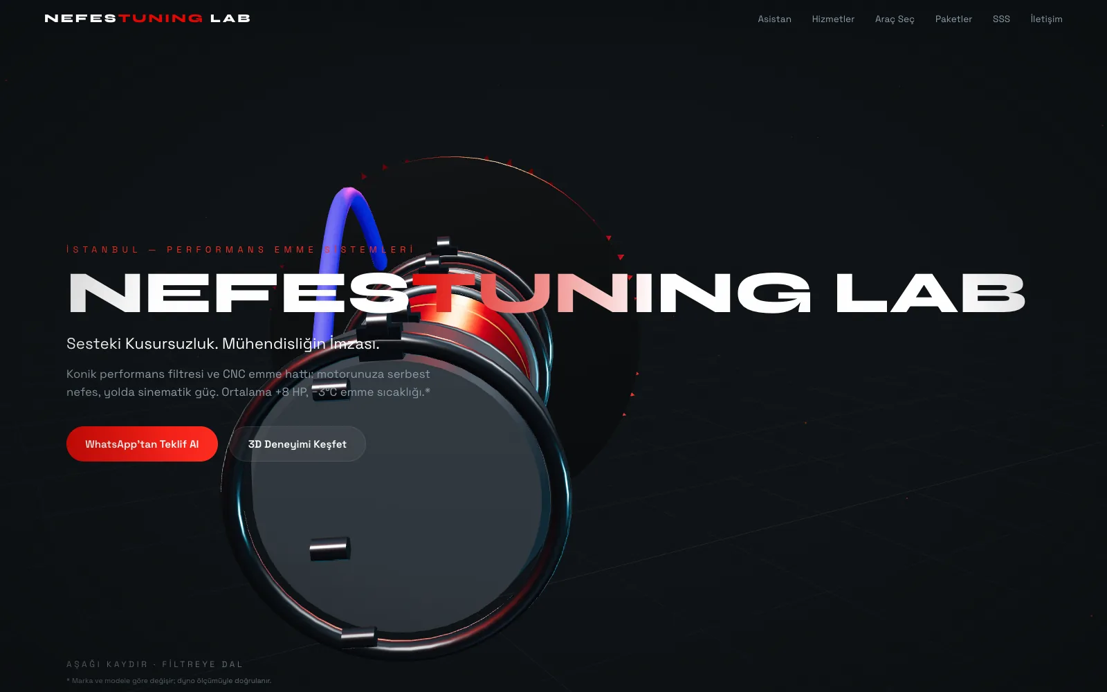 Nefes Tuning Lab örnek sitesinin ana sayfası: 3D emme sistemi