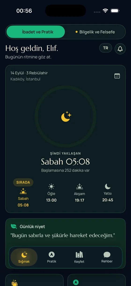 Spiritus AI ana ekranı: vakit halkası ve günlük niyet