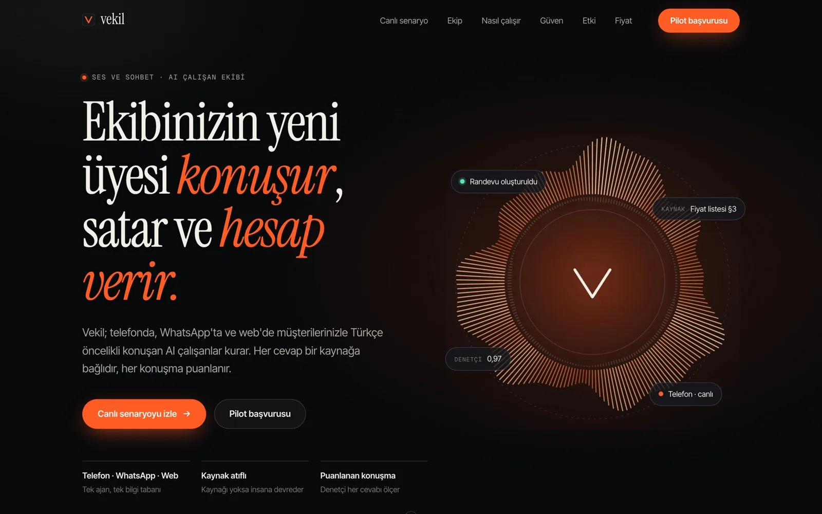 Vekil sitesinin ana sayfası: ses ve sohbet tabanlı AI çalışan ekibi